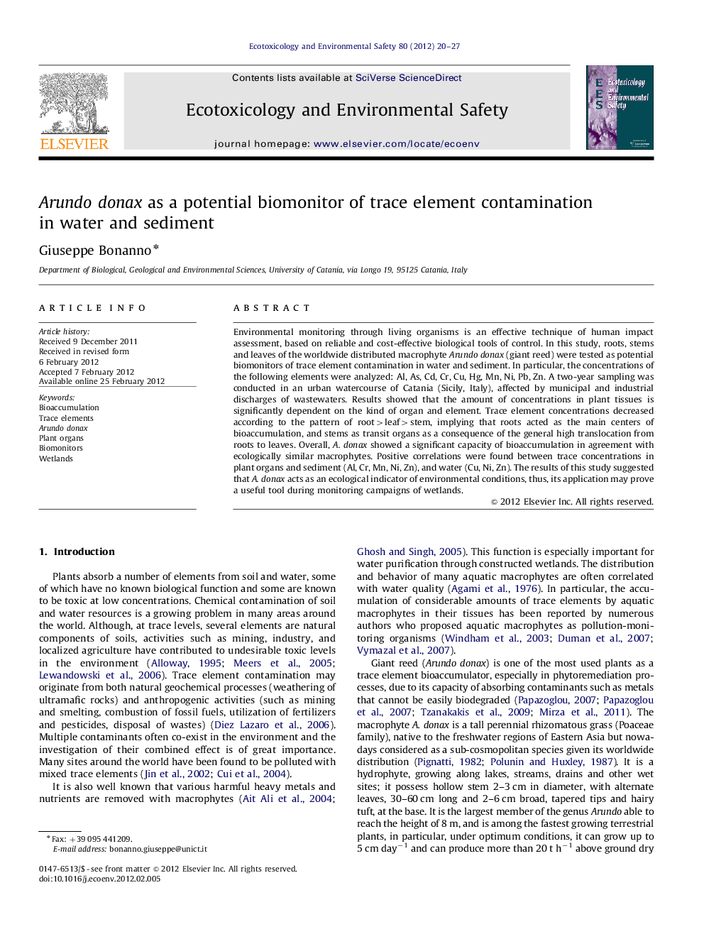 Arundo donax as a potential biomonitor of trace element contamination in water and sediment