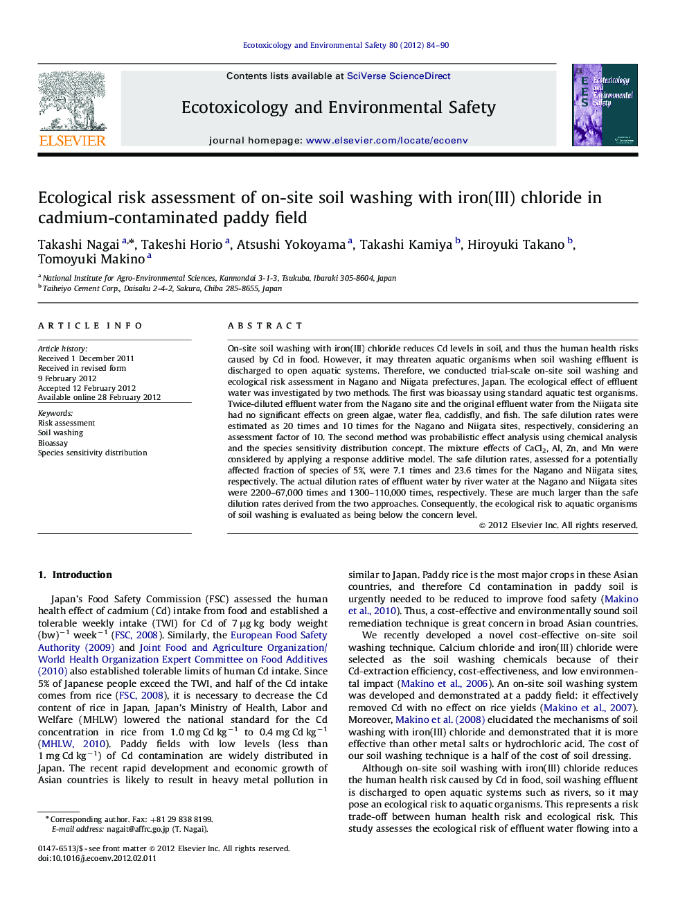 Ecological risk assessment of on-site soil washing with iron(III) chloride in cadmium-contaminated paddy field