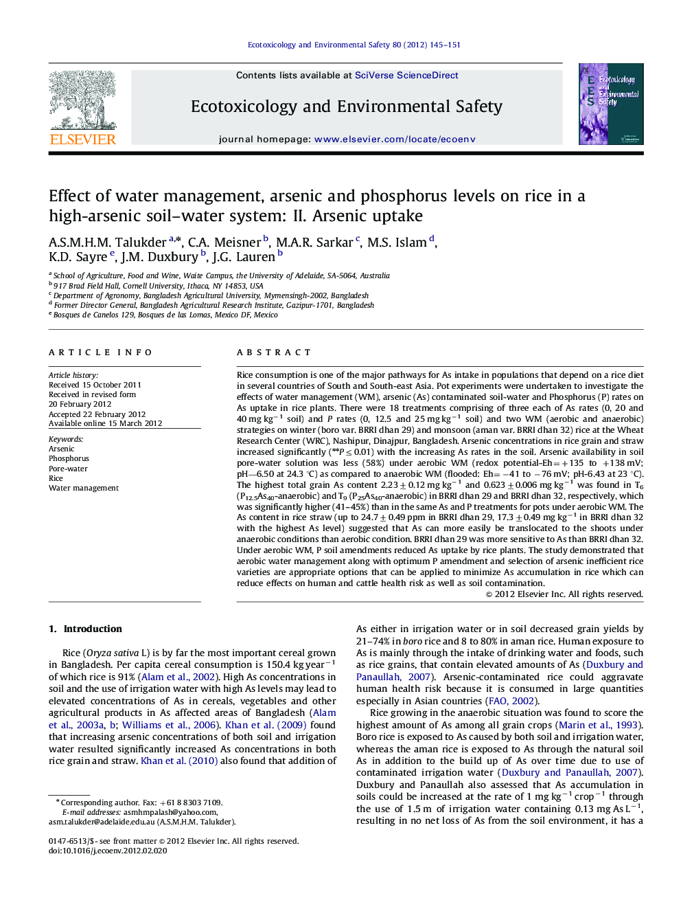 Effect of water management, arsenic and phosphorus levels on rice in a high-arsenic soil–water system: II. Arsenic uptake