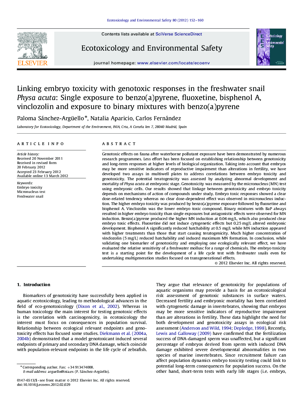 Linking embryo toxicity with genotoxic responses in the freshwater snail Physa acuta: Single exposure to benzo(a)pyrene, fluoxetine, bisphenol A, vinclozolin and exposure to binary mixtures with benzo(a)pyrene