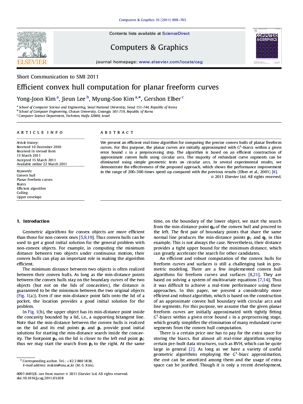 Efficient convex hull computation for planar freeform curves