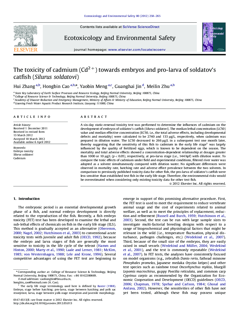 The toxicity of cadmium (Cd2+) towards embryos and pro-larva of soldatov's catfish (Silurus soldatovi)