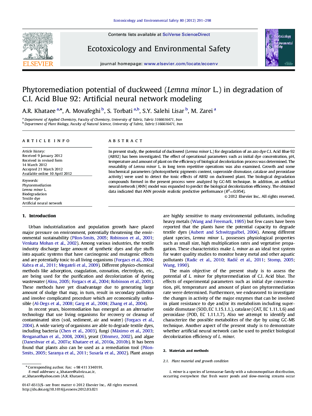 Phytoremediation potential of duckweed (Lemna minor L.) in degradation of C.I. Acid Blue 92: Artificial neural network modeling