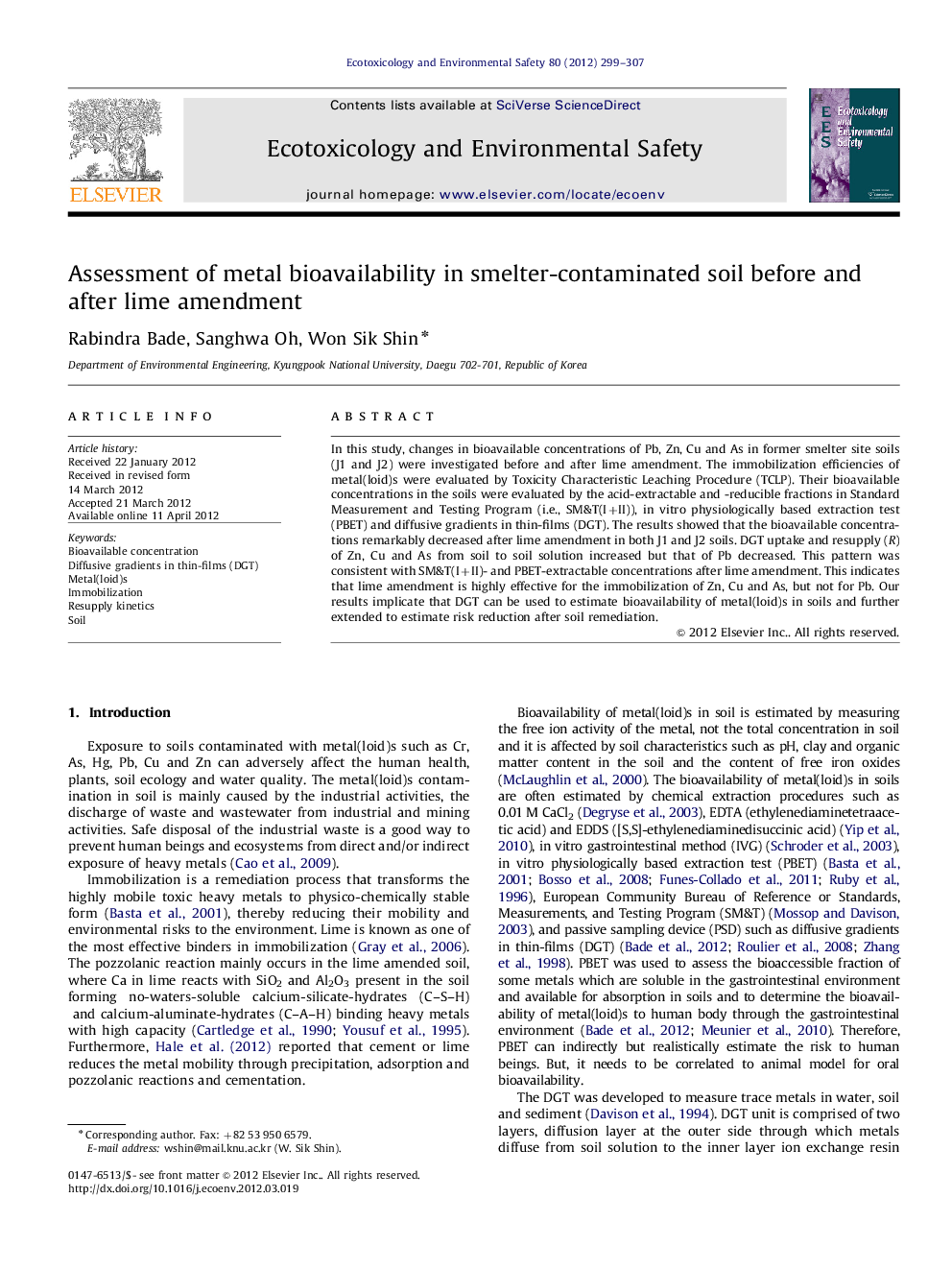 Assessment of metal bioavailability in smelter-contaminated soil before and after lime amendment