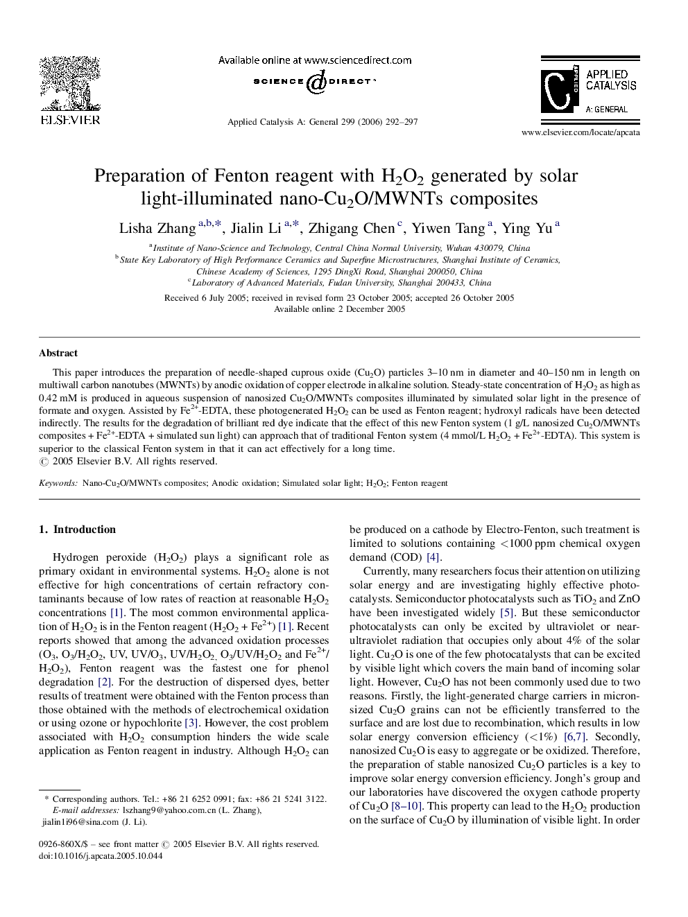 Preparation of Fenton reagent with H2O2 generated by solar light-illuminated nano-Cu2O/MWNTs composites