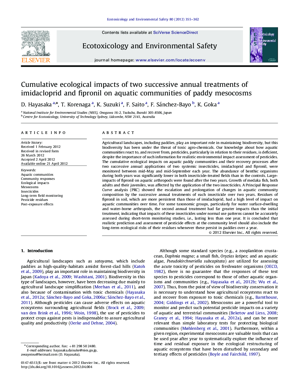 Cumulative ecological impacts of two successive annual treatments of imidacloprid and fipronil on aquatic communities of paddy mesocosms