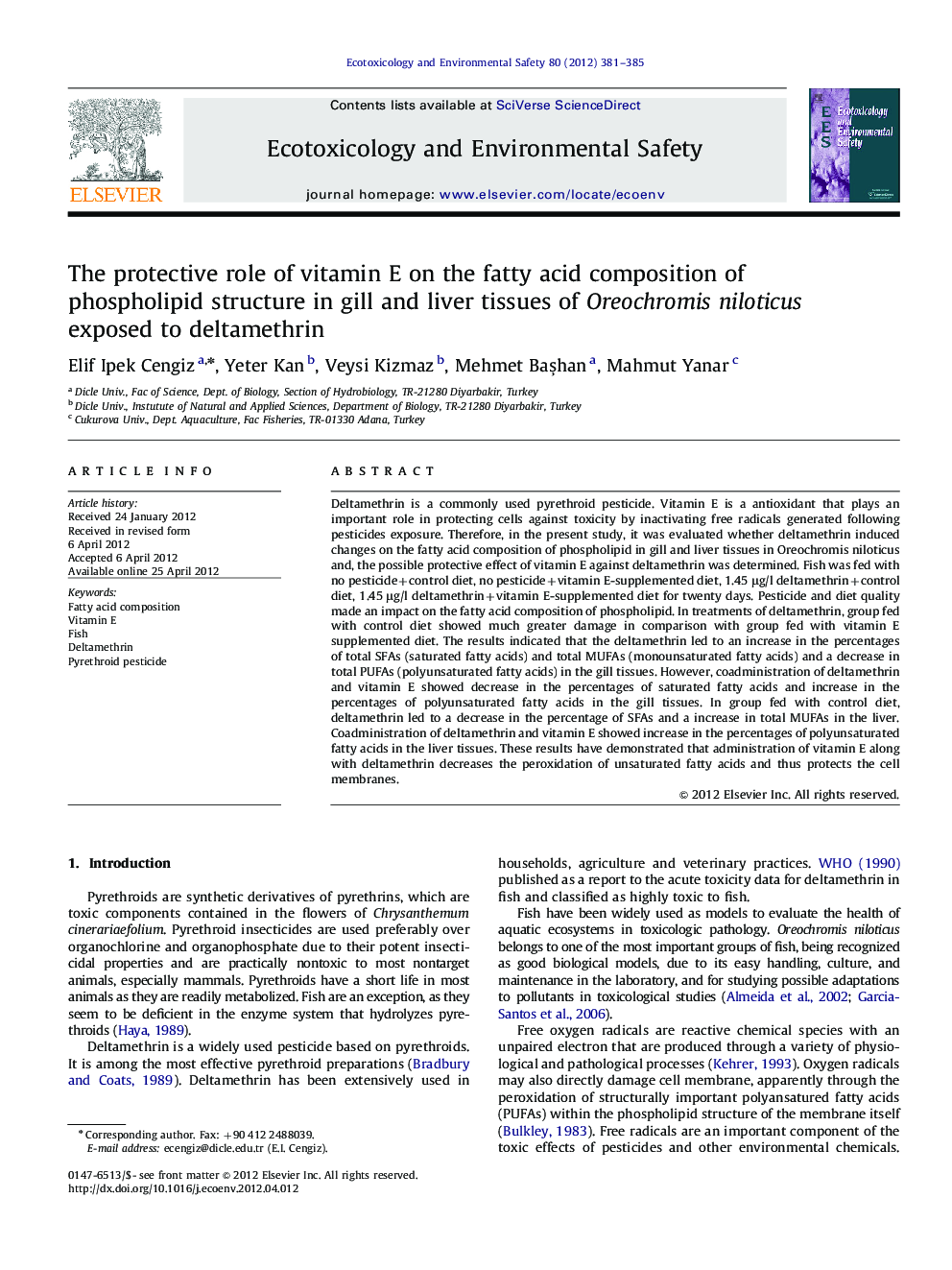 The protective role of vitamin E on the fatty acid composition of phospholipid structure in gill and liver tissues of Oreochromis niloticus exposed to deltamethrin