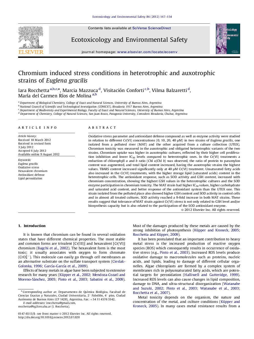 Chromium induced stress conditions in heterotrophic and auxotrophic strains of Euglena gracilis