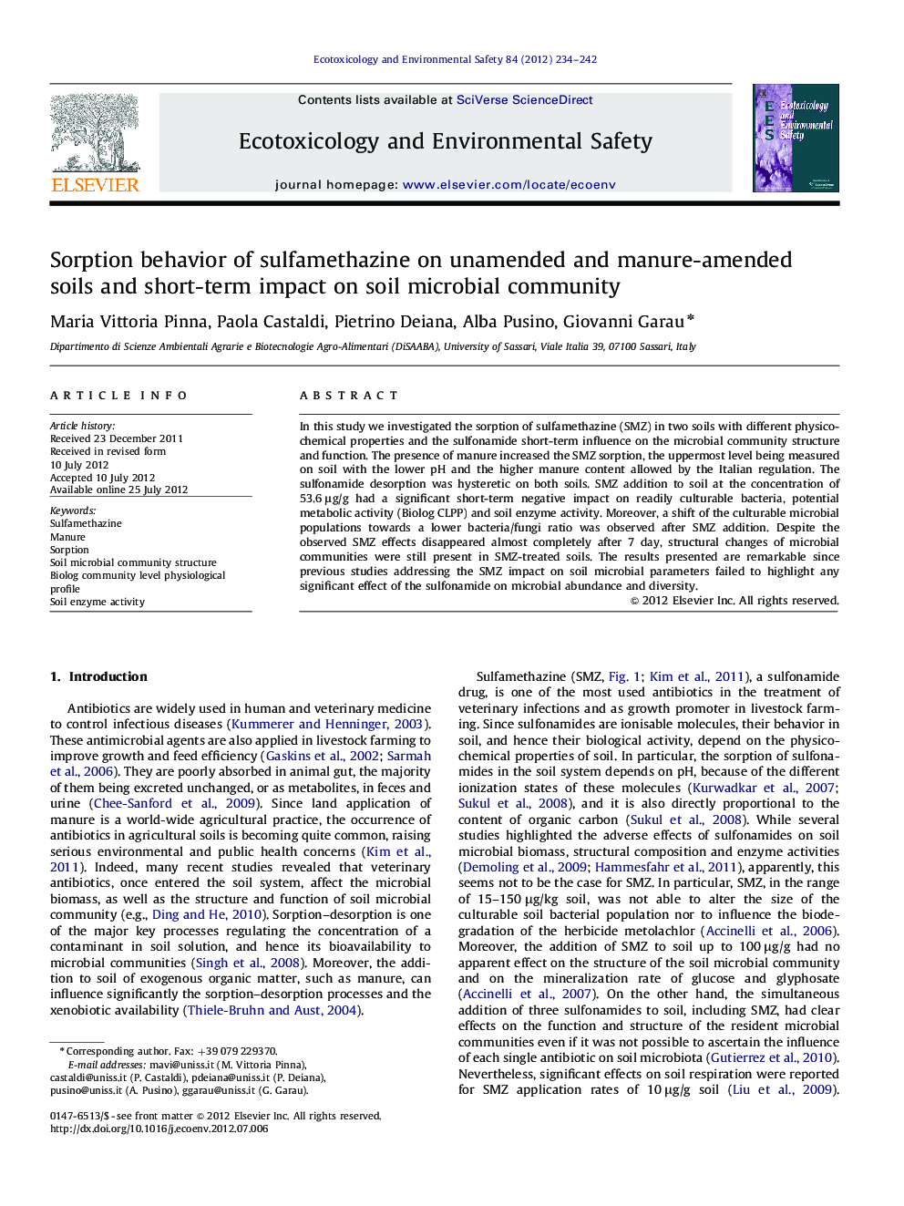 Sorption behavior of sulfamethazine on unamended and manure-amended soils and short-term impact on soil microbial community