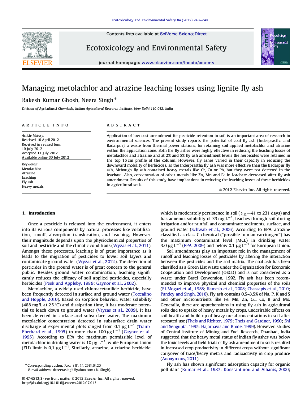 Managing metolachlor and atrazine leaching losses using lignite fly ash