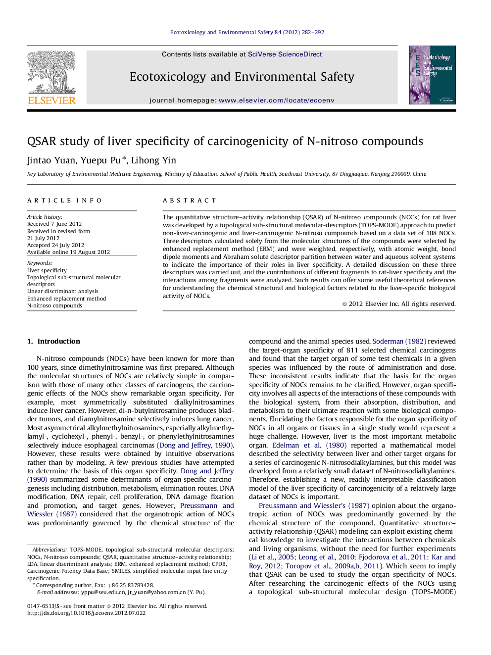 QSAR study of liver specificity of carcinogenicity of N-nitroso compounds