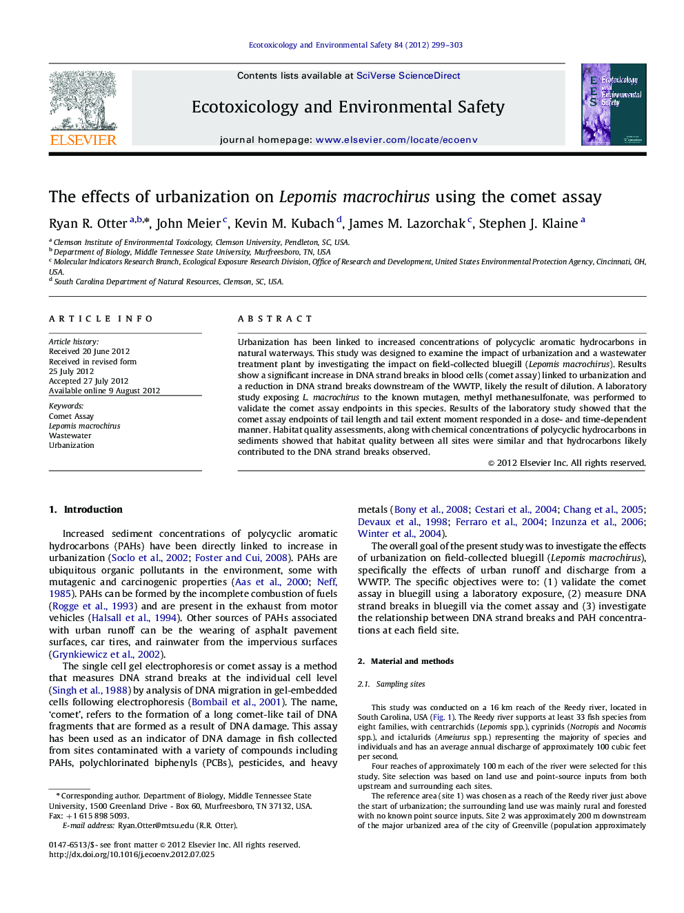 عکس صفحه اول مقاله: The effects of urbanization on Lepomis macrochirus using the comet assay The effects of urbanization on Lepomis macrochirus using the comet assay