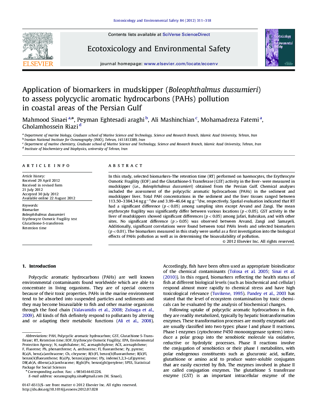 Application of biomarkers in mudskipper (Boleophthalmus dussumieri) to assess polycyclic aromatic hydrocarbons (PAHs) pollution in coastal areas of the Persian Gulf