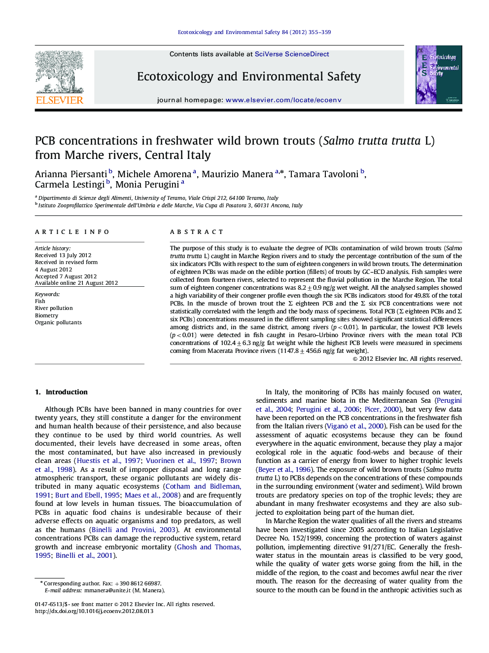 PCB concentrations in freshwater wild brown trouts (Salmo trutta trutta L) from Marche rivers, Central Italy