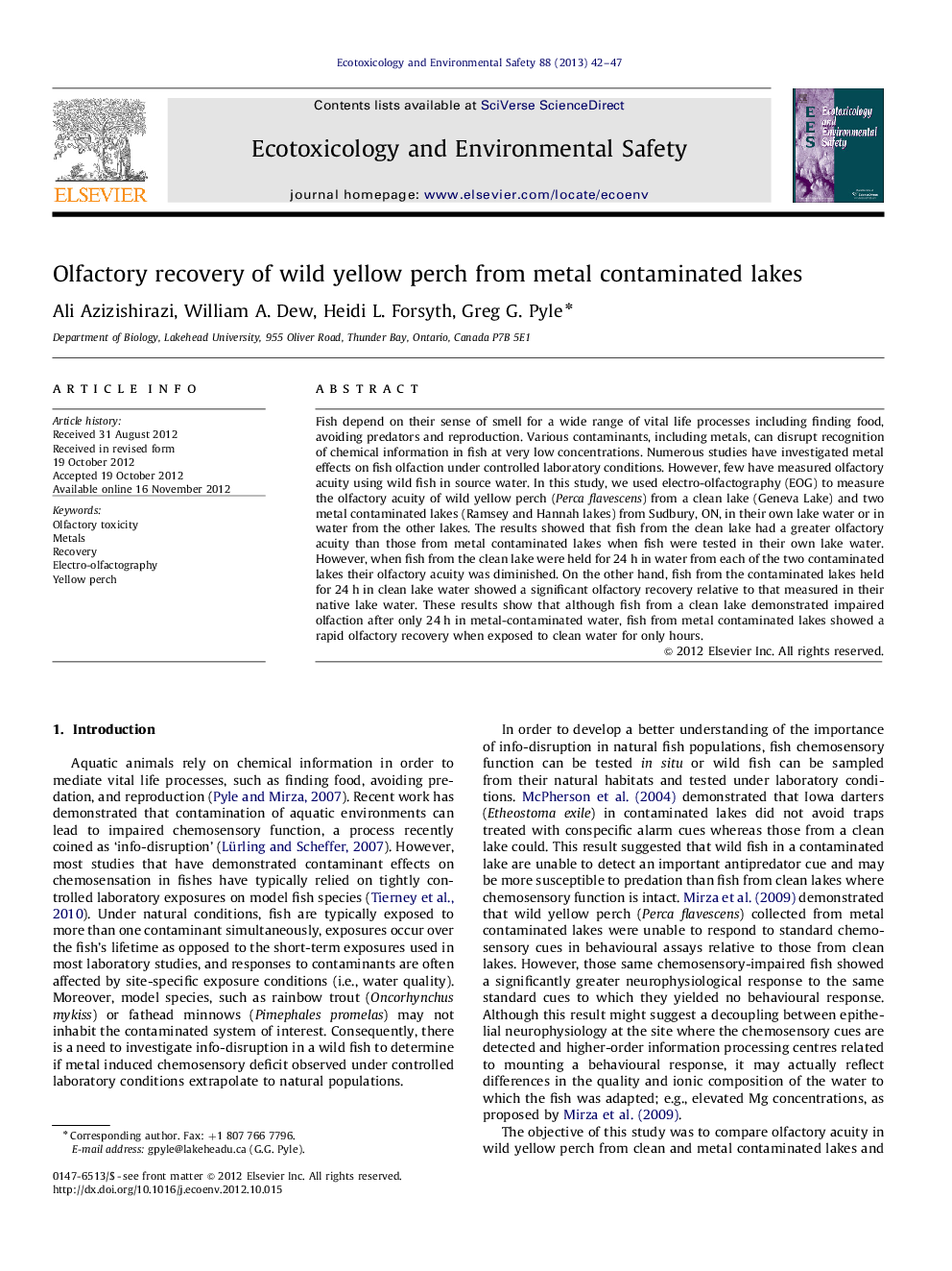 Olfactory recovery of wild yellow perch from metal contaminated lakes