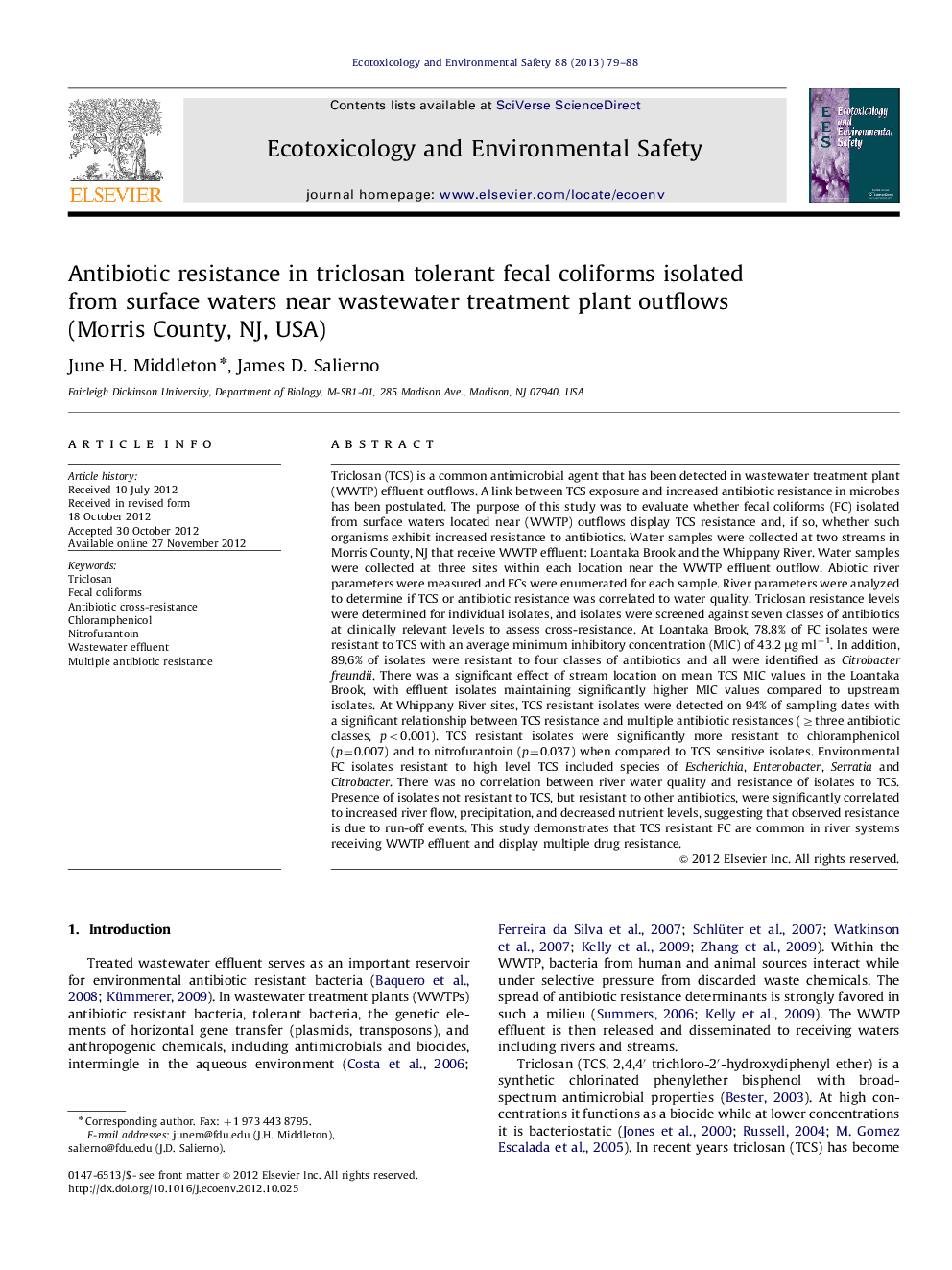 Antibiotic resistance in triclosan tolerant fecal coliforms isolated from surface waters near wastewater treatment plant outflows (Morris County, NJ, USA)