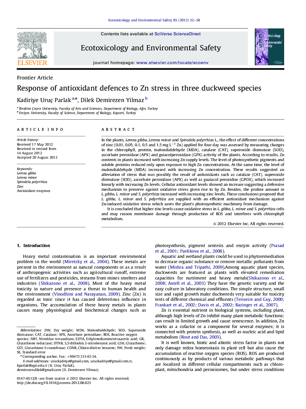 Response of antioxidant defences to Zn stress in three duckweed species