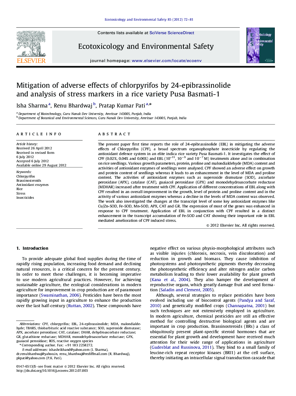 Mitigation of adverse effects of chlorpyrifos by 24-epibrassinolide and analysis of stress markers in a rice variety Pusa Basmati-1