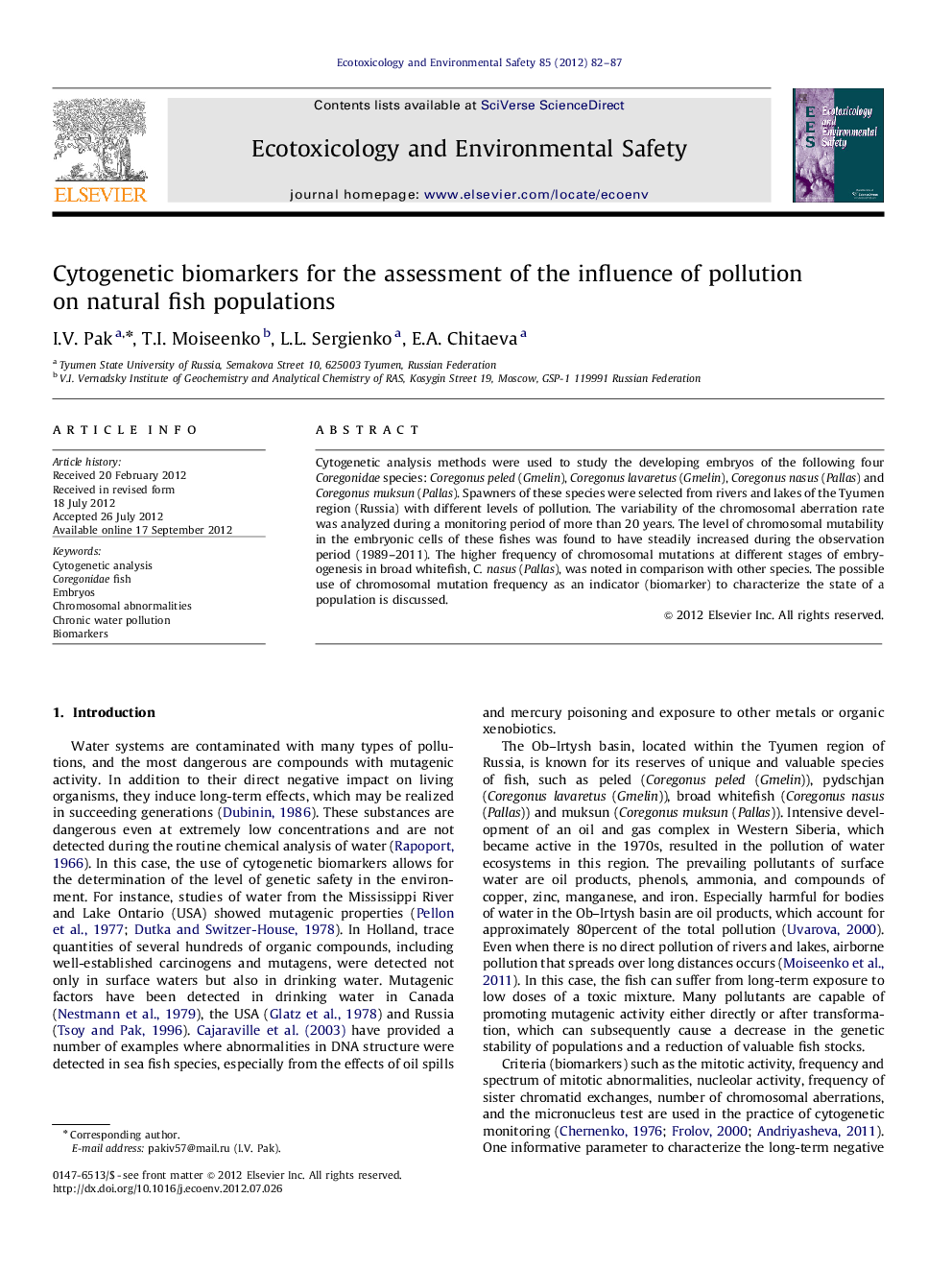 Cytogenetic biomarkers for the assessment of the influence of pollution on natural fish populations