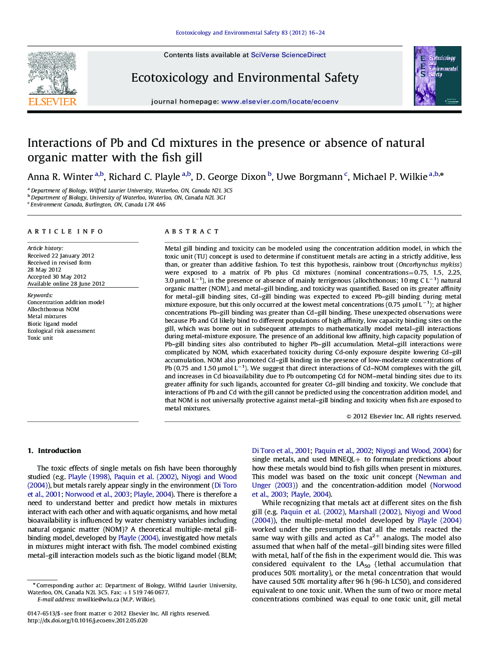 Interactions of Pb and Cd mixtures in the presence or absence of natural organic matter with the fish gill