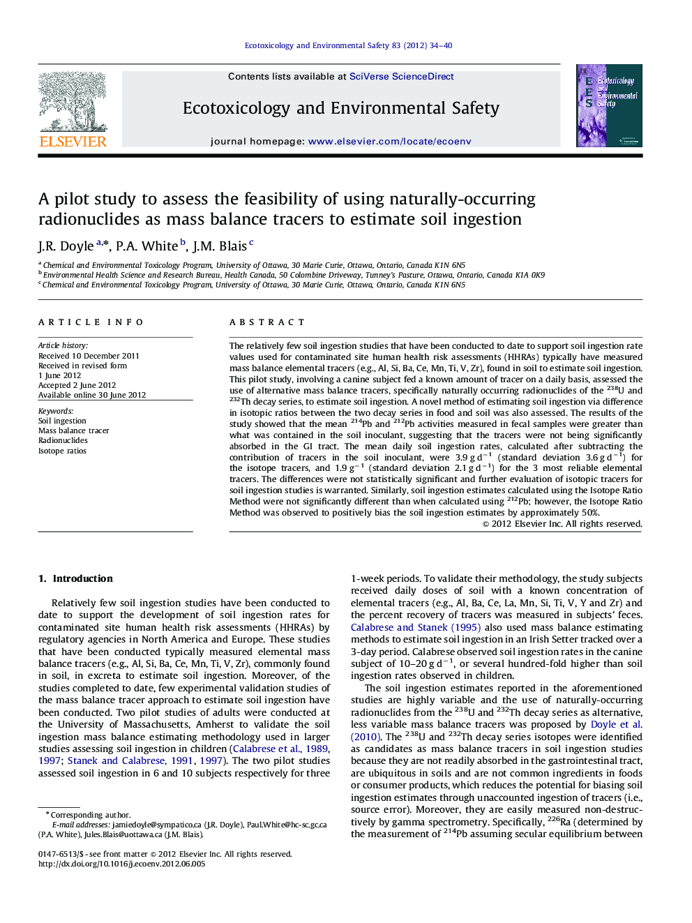 A pilot study to assess the feasibility of using naturally-occurring radionuclides as mass balance tracers to estimate soil ingestion