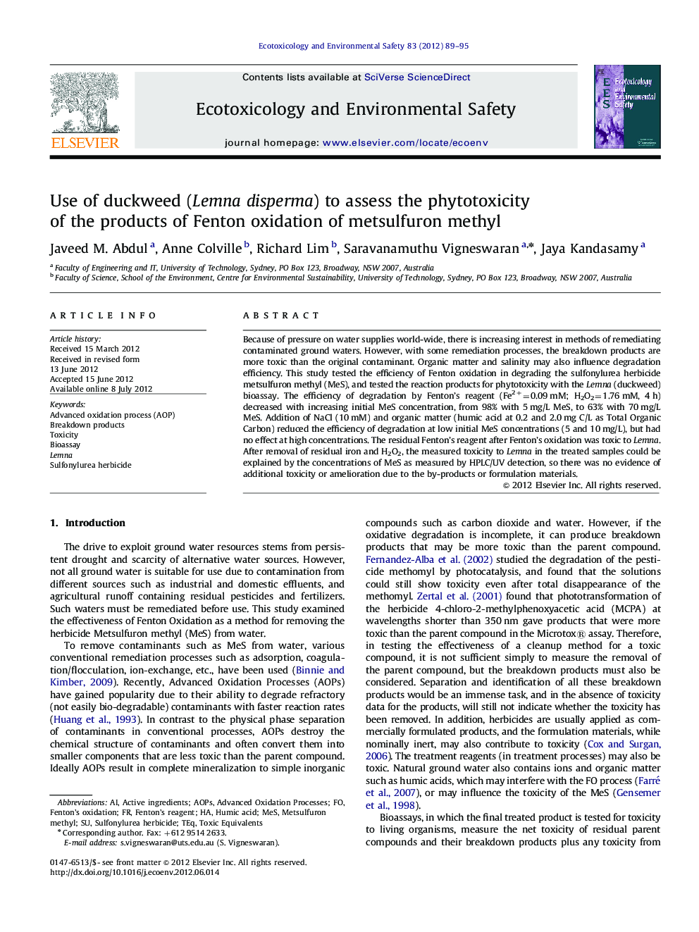 Use of duckweed (Lemna disperma) to assess the phytotoxicity of the products of Fenton oxidation of metsulfuron methyl