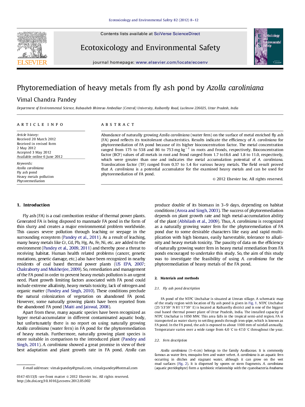 Phytoremediation of heavy metals from fly ash pond by Azolla caroliniana