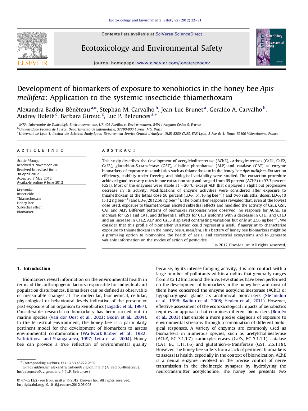 Development of biomarkers of exposure to xenobiotics in the honey bee Apis mellifera: Application to the systemic insecticide thiamethoxam