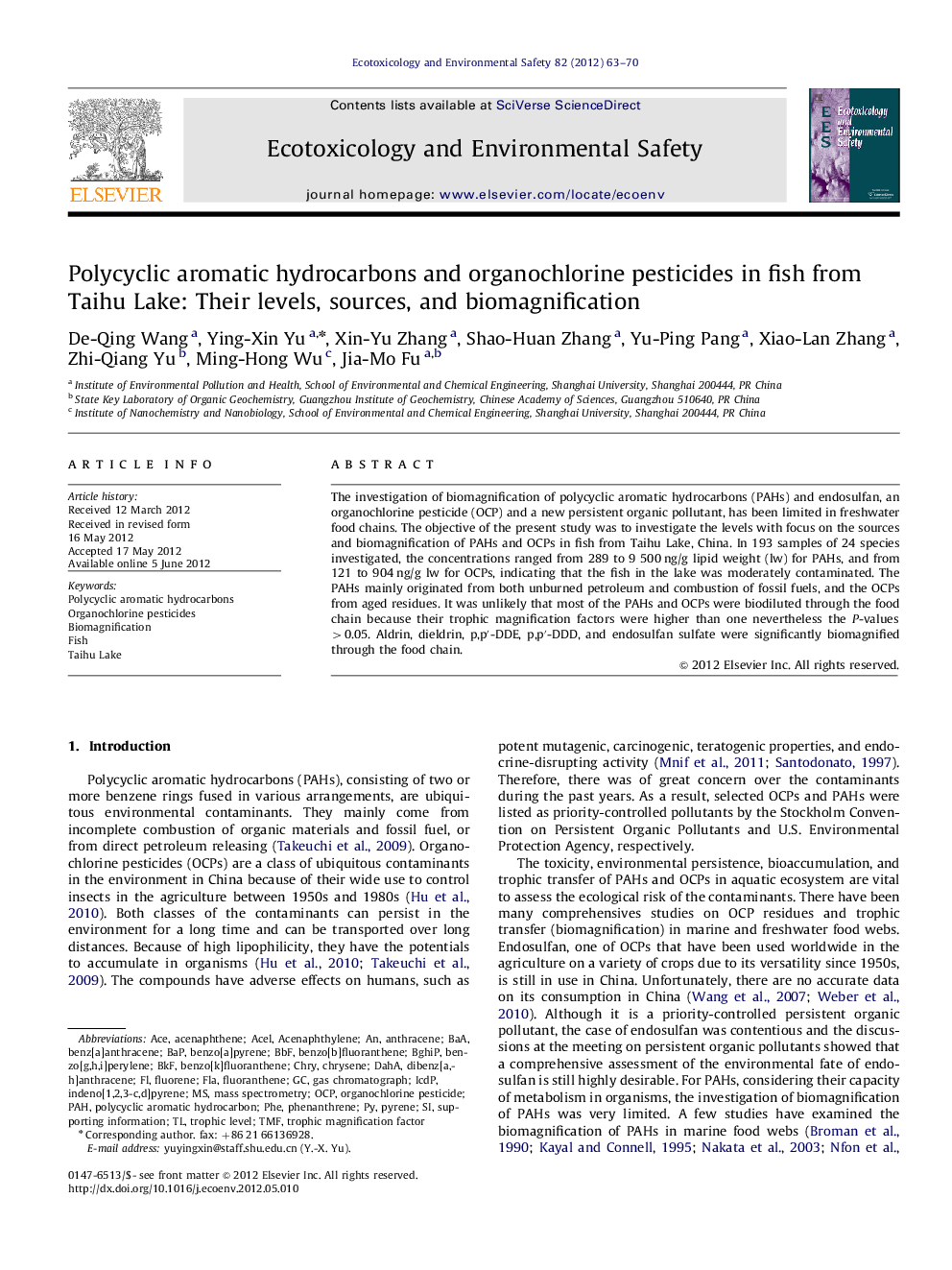عکس صفحه اول مقاله: Polycyclic aromatic hydrocarbons and organochlorine pesticides in fish from Taihu Lake: Their levels, sources, and biomagnification Polycyclic aromatic hydrocarbons and organochlorine pesticides in fish from Taihu Lake: Their levels, sources, and biomagnification