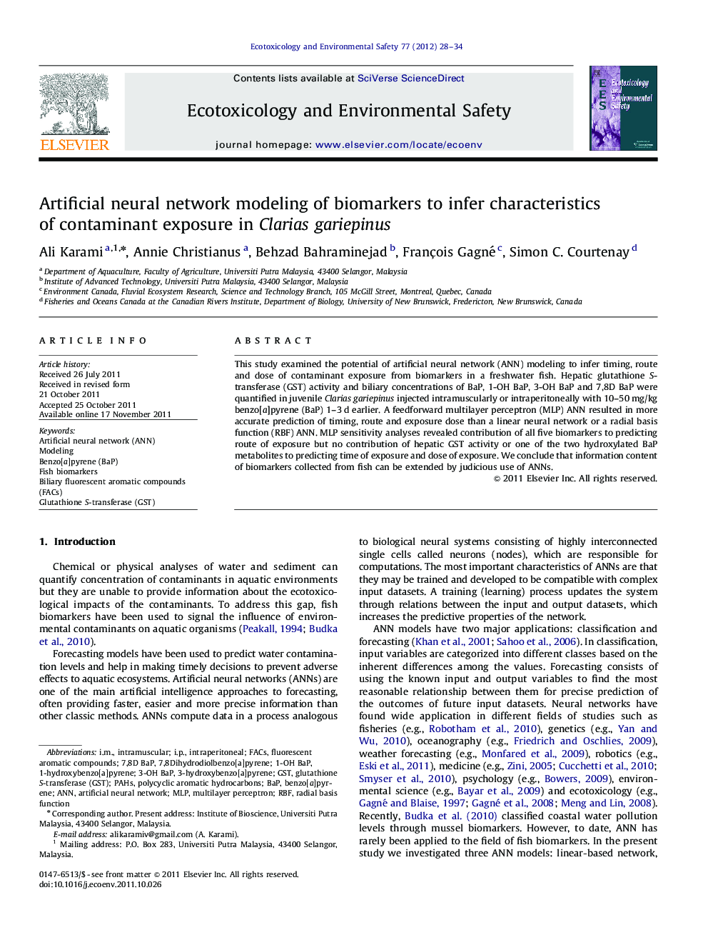 Artificial neural network modeling of biomarkers to infer characteristics of contaminant exposure in Clarias gariepinus