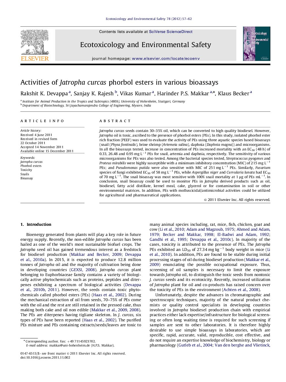 Activities of Jatropha curcas phorbol esters in various bioassays