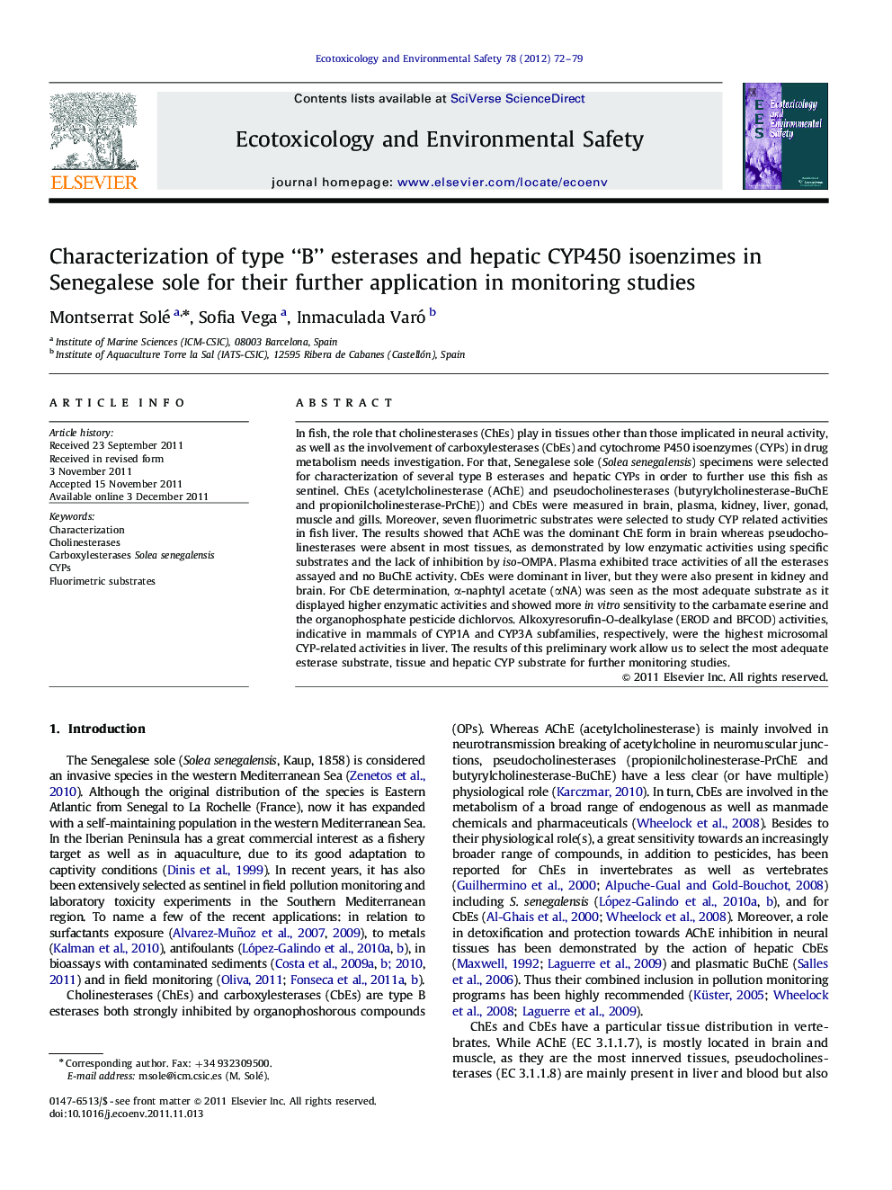 Characterization of type “B” esterases and hepatic CYP450 isoenzimes in Senegalese sole for their further application in monitoring studies