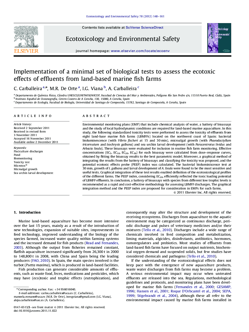 Implementation of a minimal set of biological tests to assess the ecotoxic effects of effluents from land-based marine fish farms