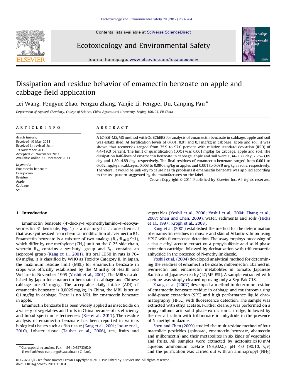 Dissipation and residue behavior of emamectin benzoate on apple and cabbage field application