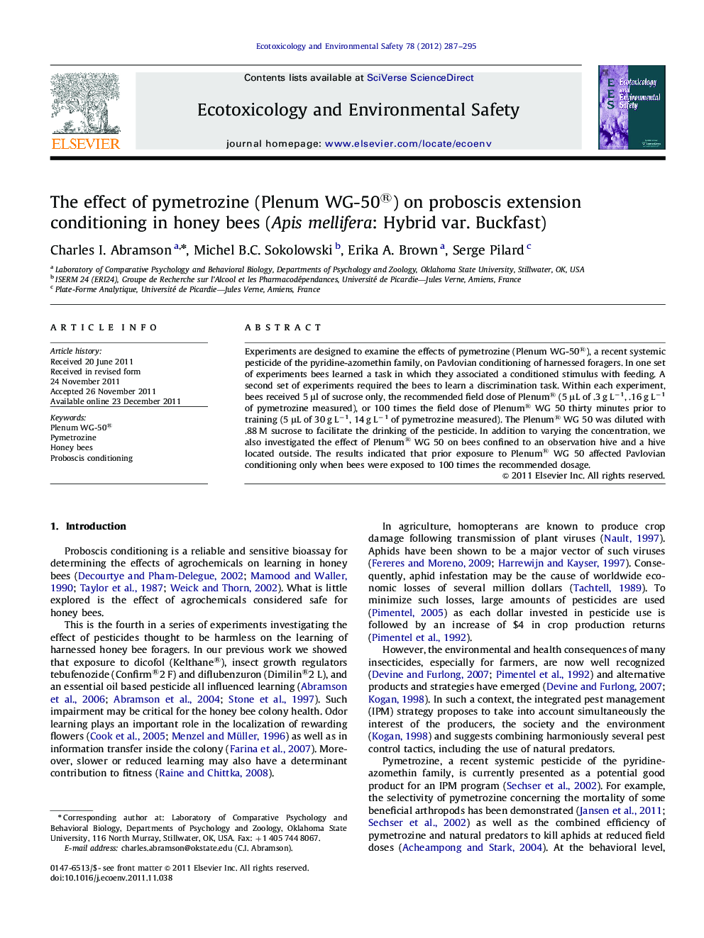 The effect of pymetrozine (Plenum WG-50®) on proboscis extension conditioning in honey bees (Apis mellifera: Hybrid var. Buckfast)