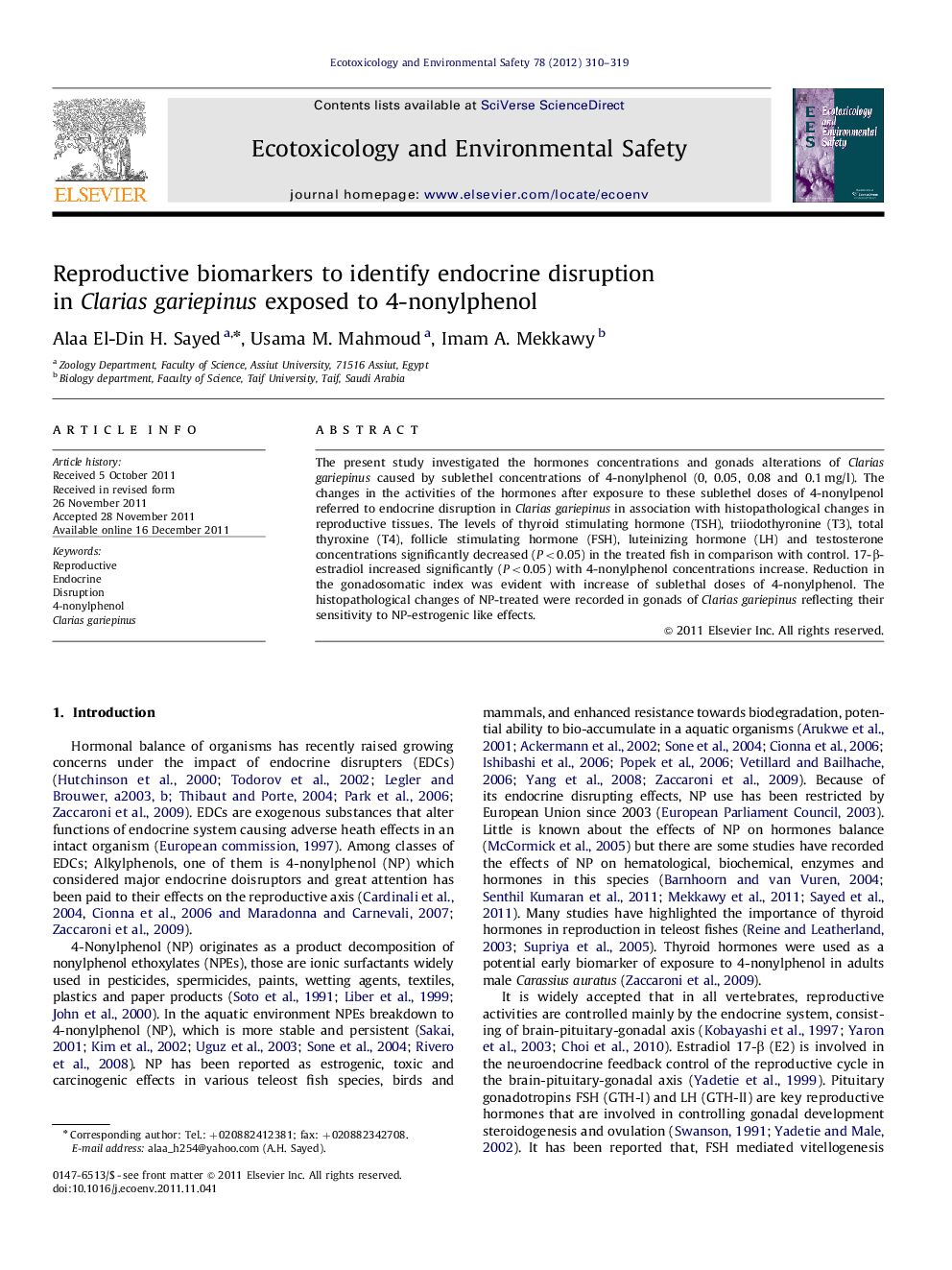 Reproductive biomarkers to identify endocrine disruption in Clarias gariepinus exposed to 4-nonylphenol