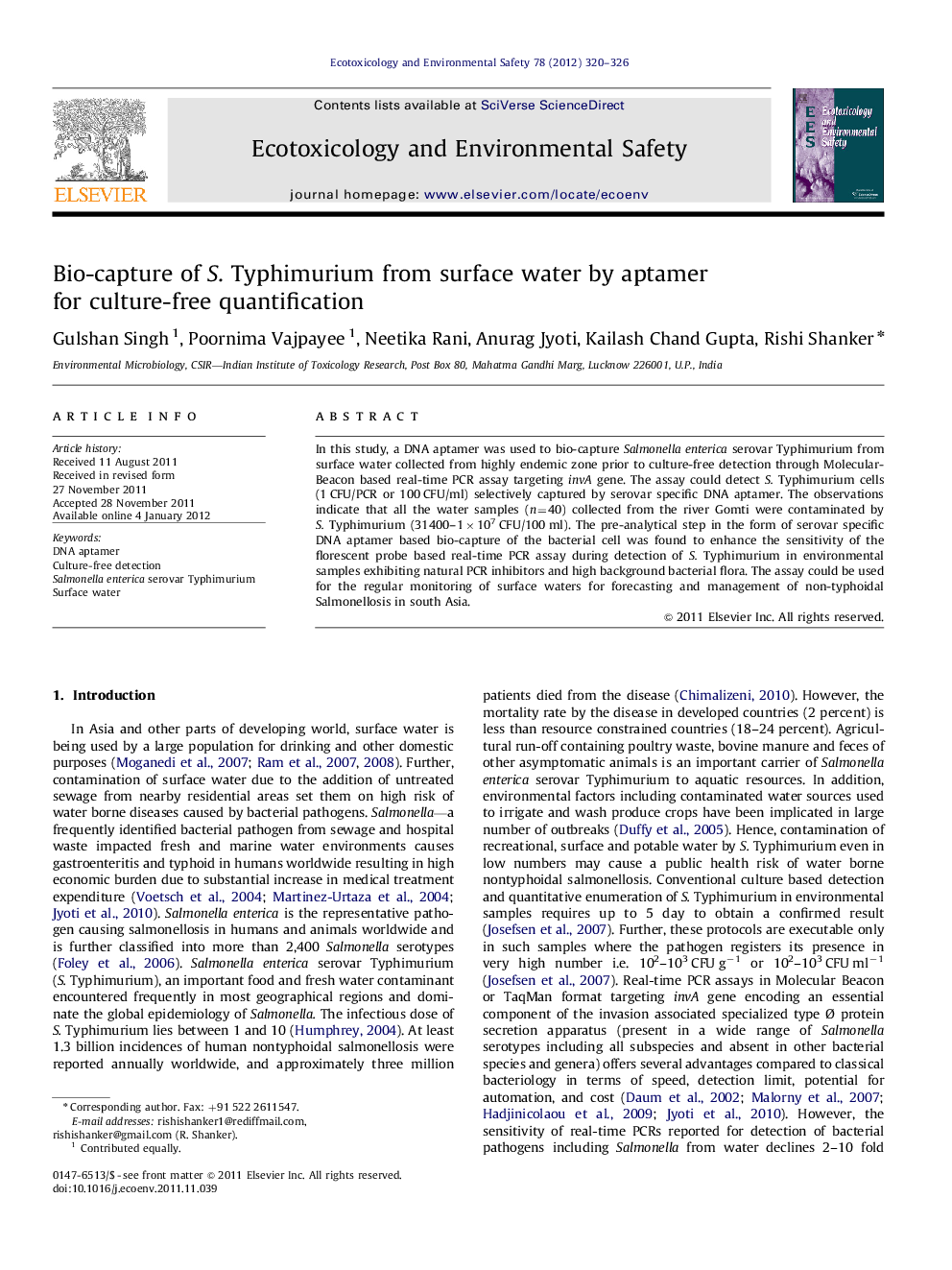 Bio-capture of S. Typhimurium from surface water by aptamer for culture-free quantification