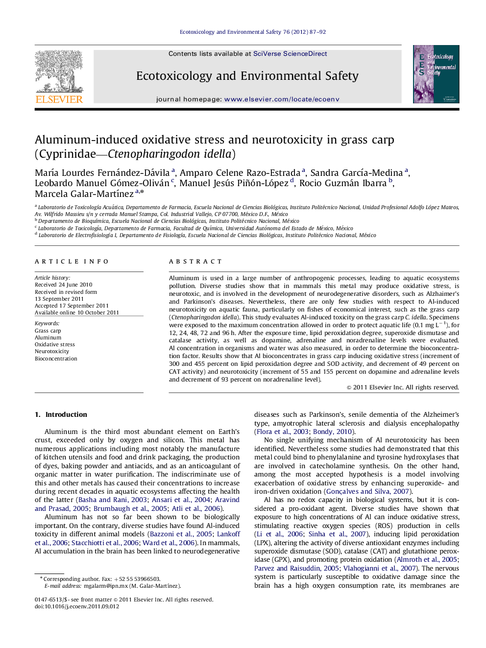 Aluminum-induced oxidative stress and neurotoxicity in grass carp (Cyprinidae—Ctenopharingodon idella)