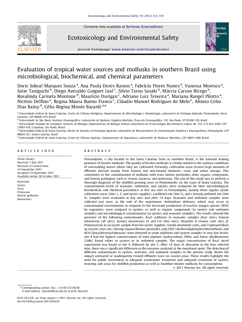 Evaluation of tropical water sources and mollusks in southern Brazil using microbiological, biochemical, and chemical parameters