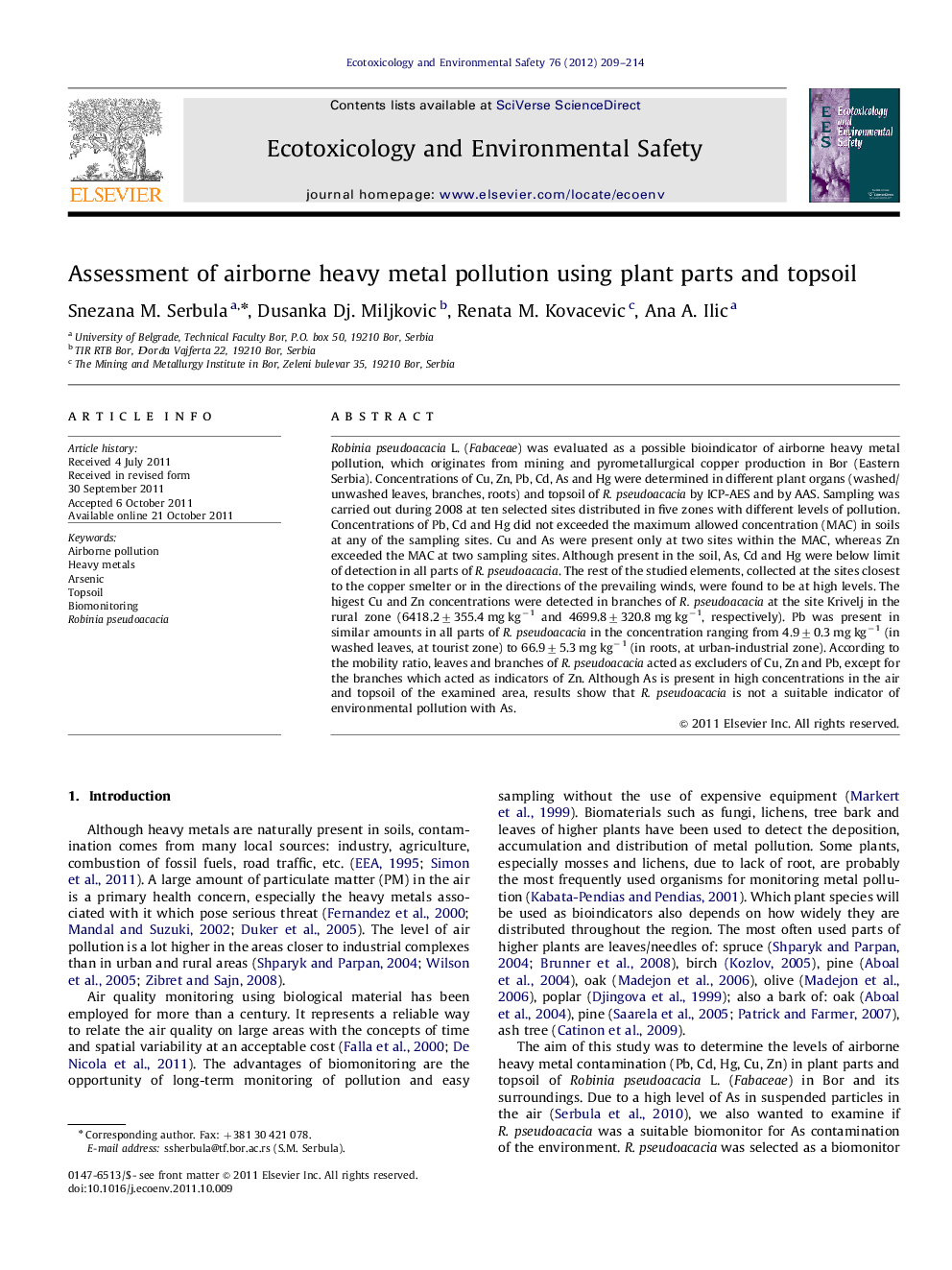 Assessment of airborne heavy metal pollution using plant parts and topsoil