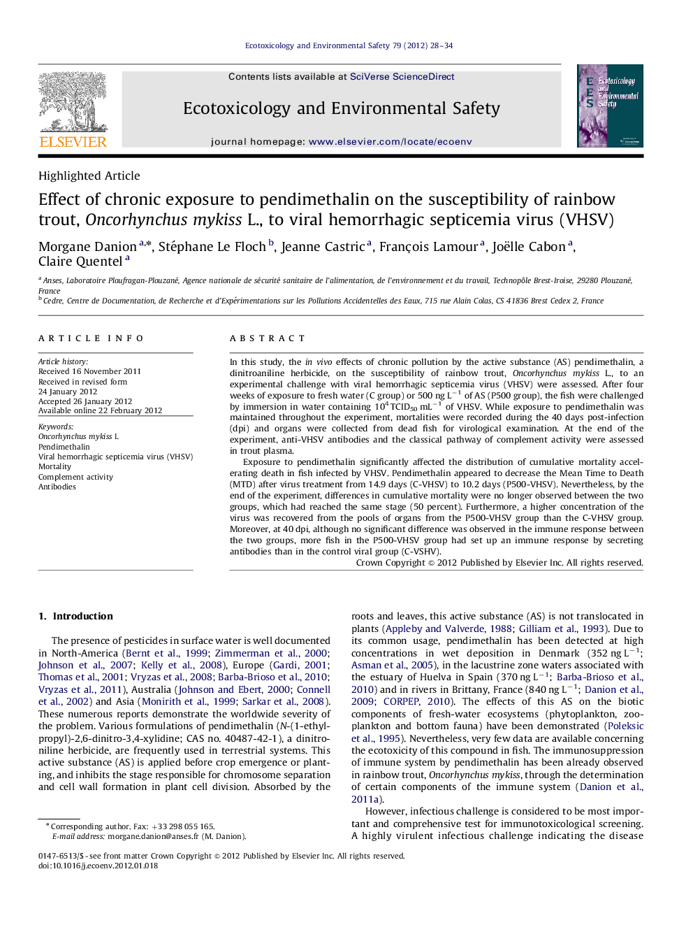 Effect of chronic exposure to pendimethalin on the susceptibility of rainbow trout, Oncorhynchus mykiss L., to viral hemorrhagic septicemia virus (VHSV)