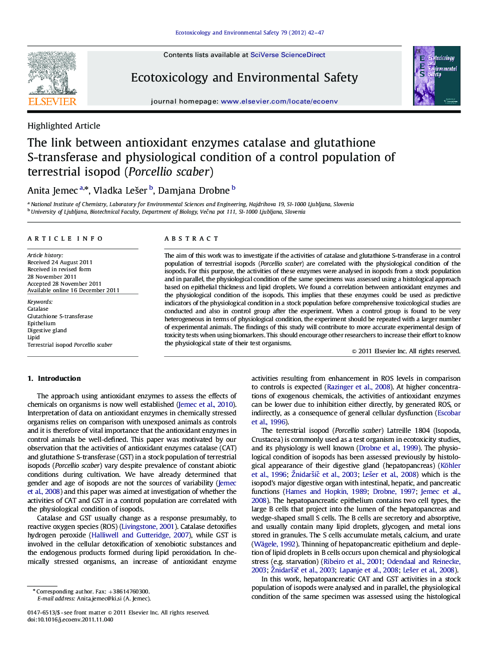The link between antioxidant enzymes catalase and glutathione S-transferase and physiological condition of a control population of terrestrial isopod (Porcellio scaber)