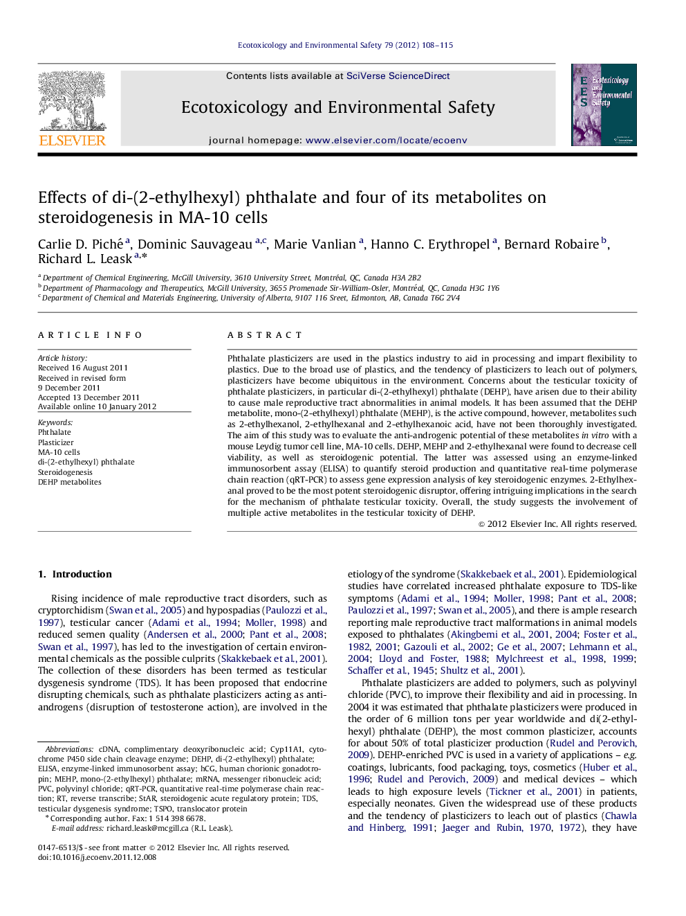 Effects of di-(2-ethylhexyl) phthalate and four of its metabolites on steroidogenesis in MA-10 cells