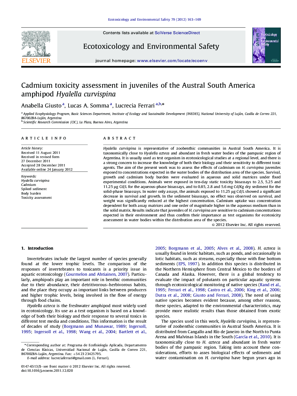 Cadmium toxicity assessment in juveniles of the Austral South America amphipod Hyalella curvispina