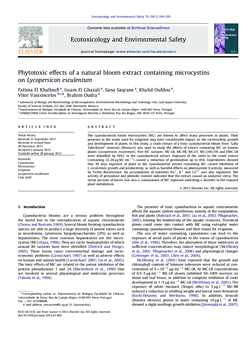 Phytotoxic effects of a natural bloom extract containing microcystins on Lycopersicon esculentum