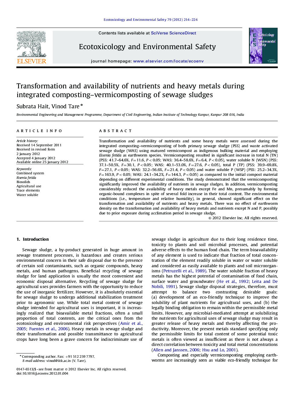 Transformation and availability of nutrients and heavy metals during integrated composting–vermicomposting of sewage sludges