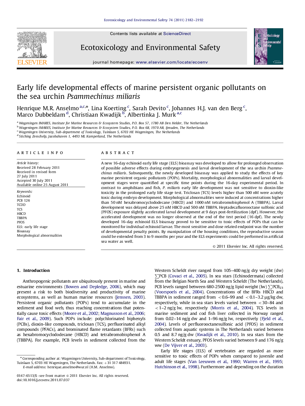 Early life developmental effects of marine persistent organic pollutants on the sea urchin Psammechinus miliaris