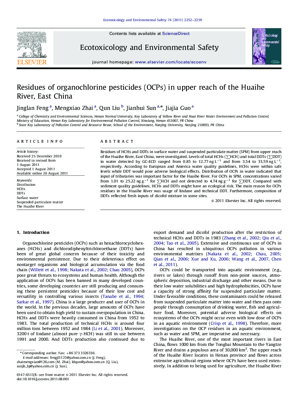 Residues of organochlorine pesticides (OCPs) in upper reach of the Huaihe River, East China