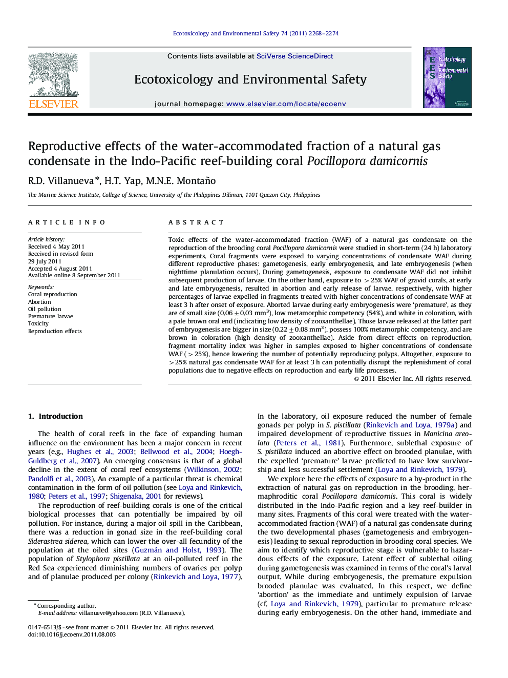 Reproductive effects of the water-accommodated fraction of a natural gas condensate in the Indo-Pacific reef-building coral Pocillopora damicornis