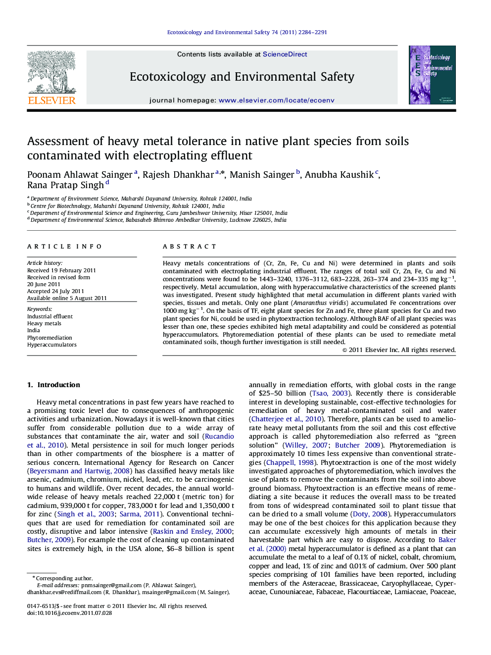 Assessment of heavy metal tolerance in native plant species from soils contaminated with electroplating effluent